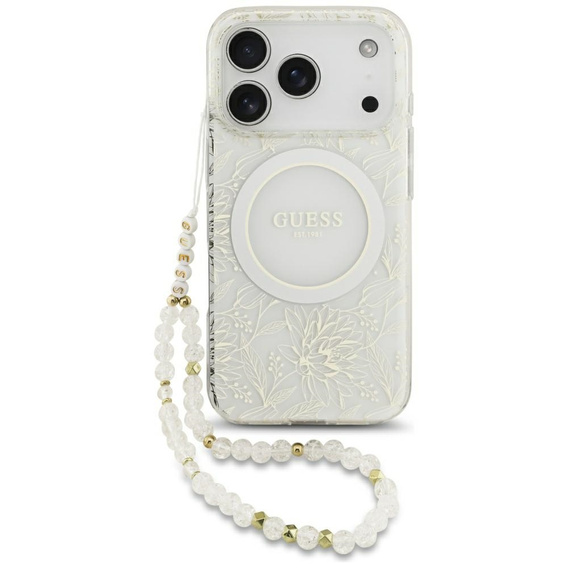 Etui Guess IML Flowers Electroplated Allover With Beads Strap, do MagSafe, z paskiem do iPhone 17 Pro