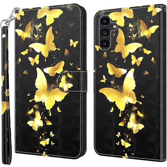 Zestaw Etui do Samsung Galaxy A14 4G/5G, portfel z klapką, Złote motyle + szkło