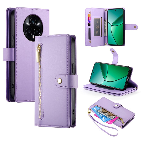 Etui z klapką do Realme 14 Pro 5G, Wallet Zipper Pocket, fioletowe