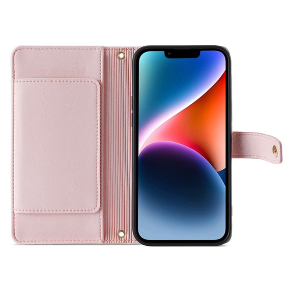 Etui z klapką do iPhone 15, Wallet Zipper Pocket, różowe
