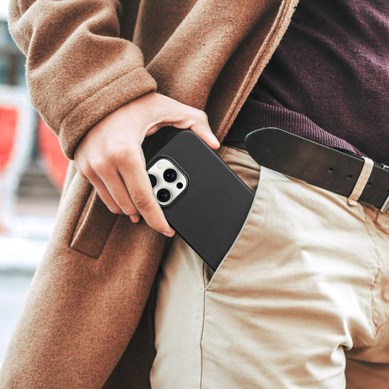 Etui skórzane do iPhone 16 Pro Max, ERBORD Leather MagSafe, czarne + Szkło na ekran