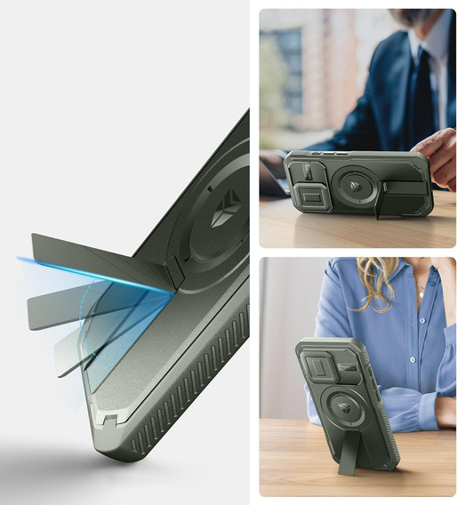 Etui pancerne Dexnor CamProtect do iPhone 16 Pro – z MagSafe, podstawką i ochroną ekranu - zielone