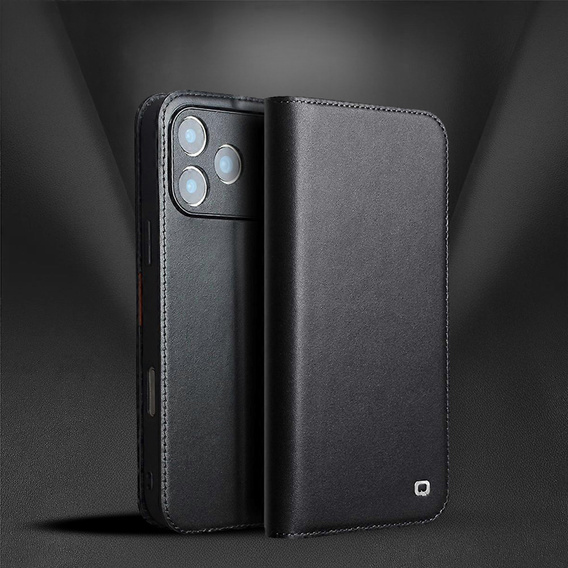 Etui z klapką do iPhone 17 Pro Max, QIALINO skórzane portfelowe - czarne