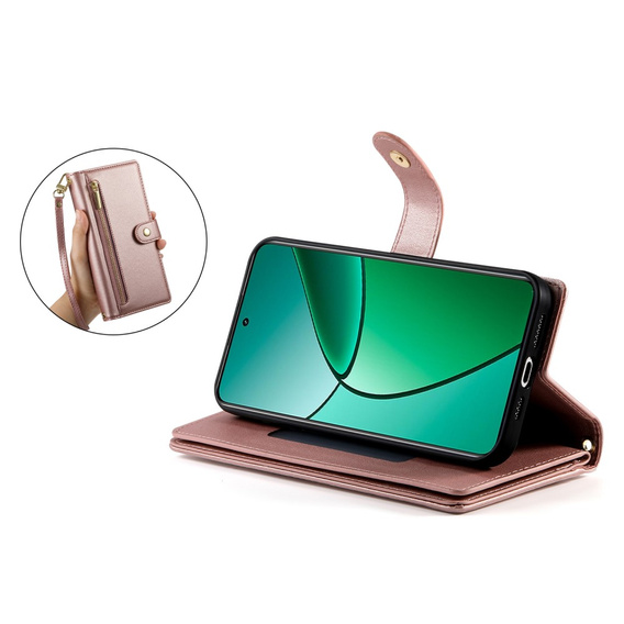 Etui z klapką do Realme 14 Pro 5G, Wallet Zipper Pocket, różowe