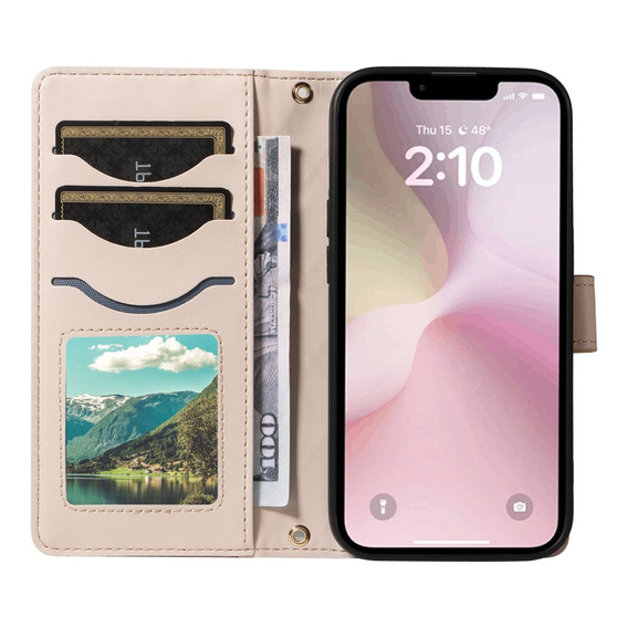Etui z klapką do iPhone 16E, Rhombus Crossbody Leather, beżowe
