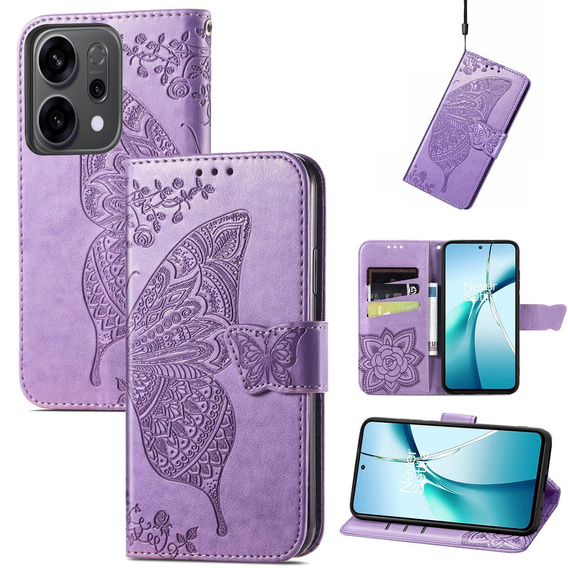 Etui z klapką do Oppo Reno 14, Motyl, portfelowe, fioletowe