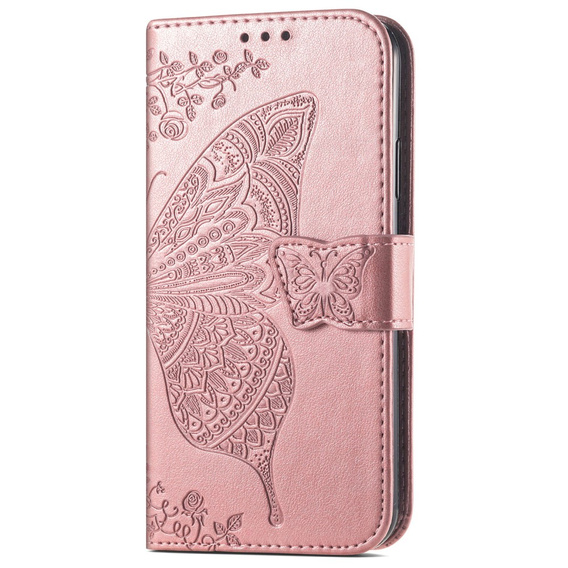 Etui z klapką do Samsung Galaxy A17 5G, portfelowe, Motyl, różowe rose gold