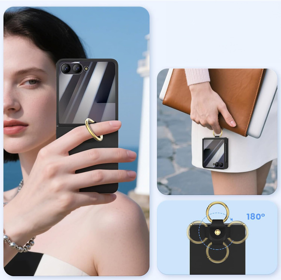 Etui Ring Holder do Samsung Galaxy Z Flip7 5G, ze szkłem na ekran zewnętrzny, czarne
