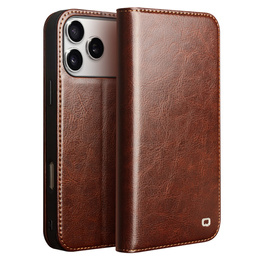 Etui ze skóry z klapką QIALINO Genuine Cow Leather do iPhone 17 Pro Max, brązowy