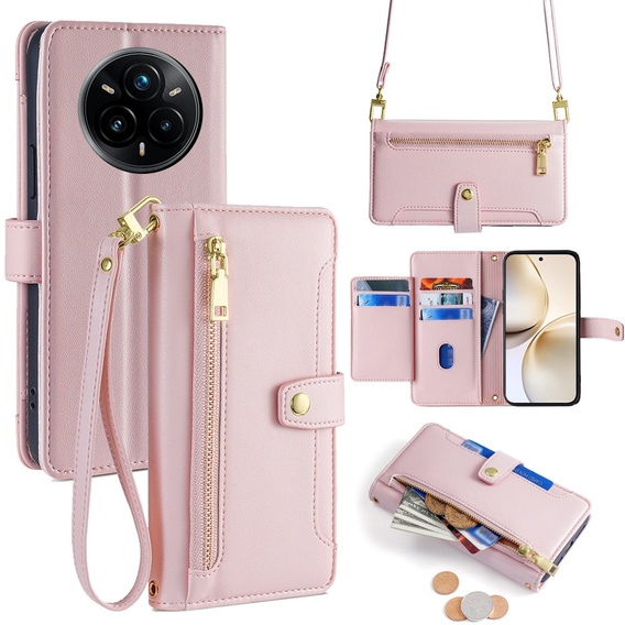 Etui z klapką do Realme 14 Pro+ 5G, Wallet Zipper Pocket, różowe