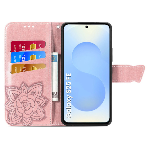 Etui z klapką do Samsung Galaxy S25 FE, Butterfly, różowe rose gold