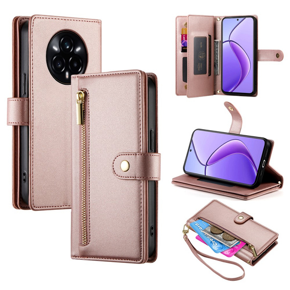 Etui z klapką do Realme 14 Pro+ 5G, Wallet Zipper Pocket, różowe