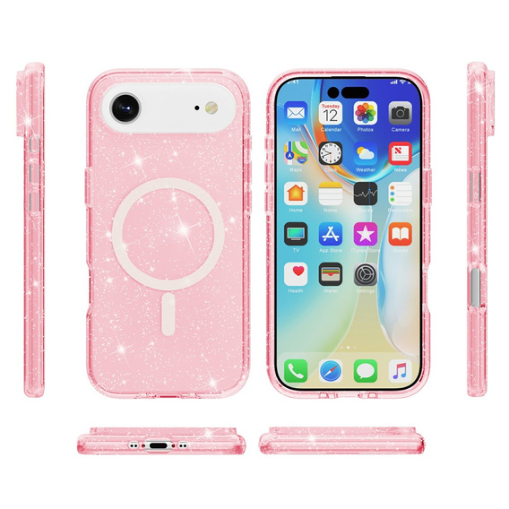 Etui do iPhone 17 Air, do MagSafe, brokat, półprzezroczyste różowe