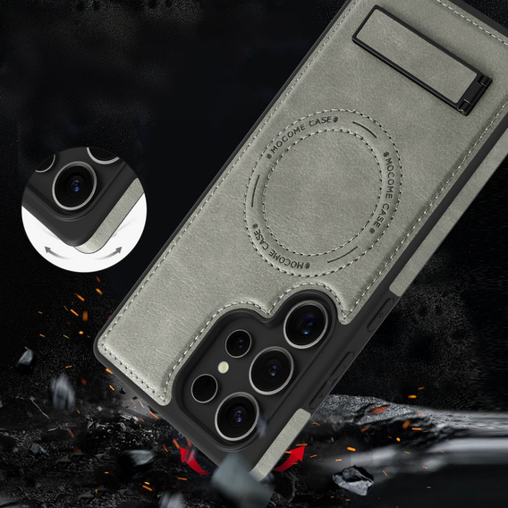 Etui skórzane z podstawką do Samsung Galaxy S25 Ultra – kompatybilne z MagSafe, szare