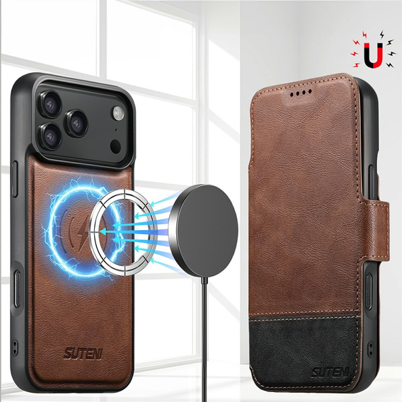 Etui z klapką 2w1 do iPhone 17 Pro Max, SUTENI, do MagSafe, brązowe