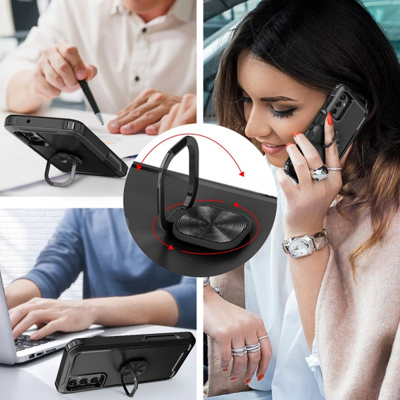 Zestaw Etui do Samsung Galaxy A14 4G/5G, pancerne z ringiem, czarne + szkło