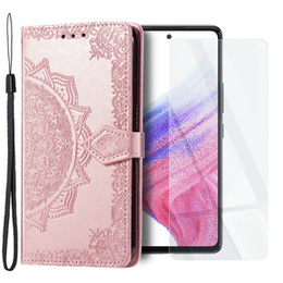 Zestaw Etui z Klapką do Samsung Galaxy A53 5G, Mandala, Różowe rose gold + Szkło