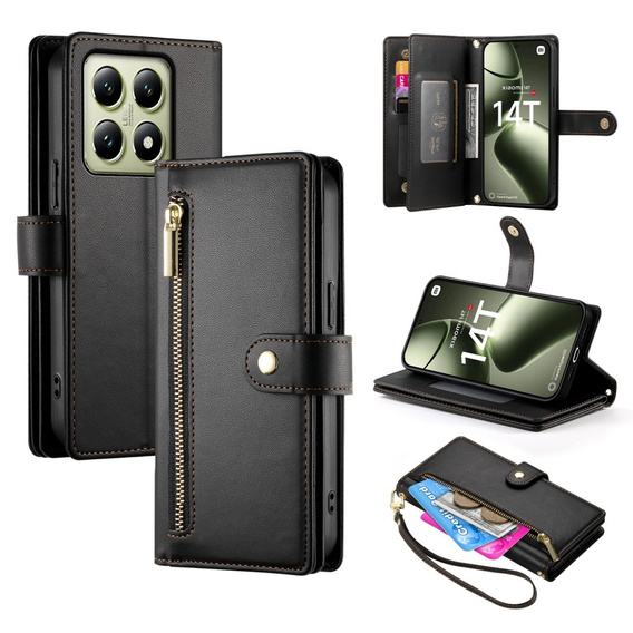 Etui z klapką do Xiaomi 14T, Wallet Zipper Pocket, czarne