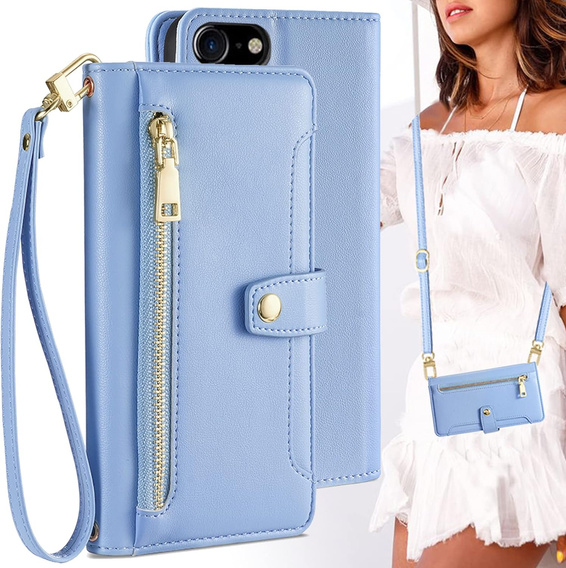 Etui z klapką do iPhone 16E, Wallet Zipper Pocket, niebieskie