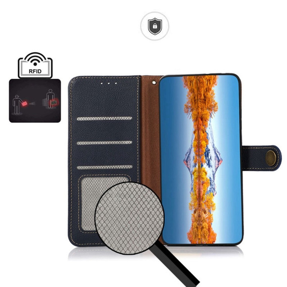 Skórzane Etui KHAZNEH RFID do Xiaomi Poco F6 Pro, Litchi Texture, niebieskie