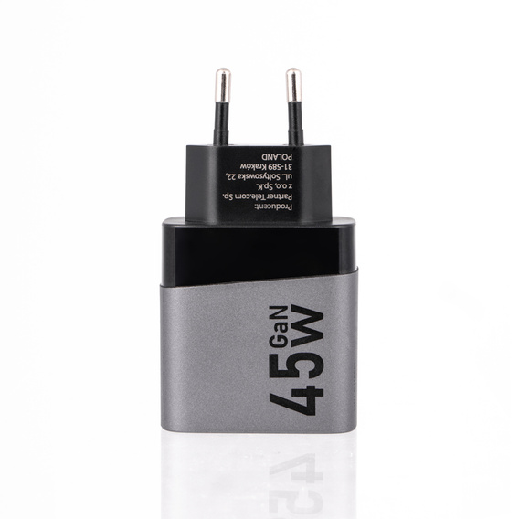 Szybka Ładowarka Sieciowa USB-A / USB-C 3A Forcell 45W PD QC 4.0, szara do Galaxy S23 S24 Ultra