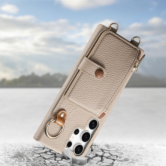 Etui do Samsung Galaxy S25 Ultra – z klapką, paskiem i kieszenią, beżowe