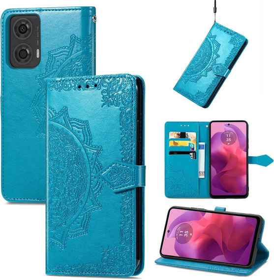 Etui z klapką do Motorola Moto E14, Mandala, niebieskie