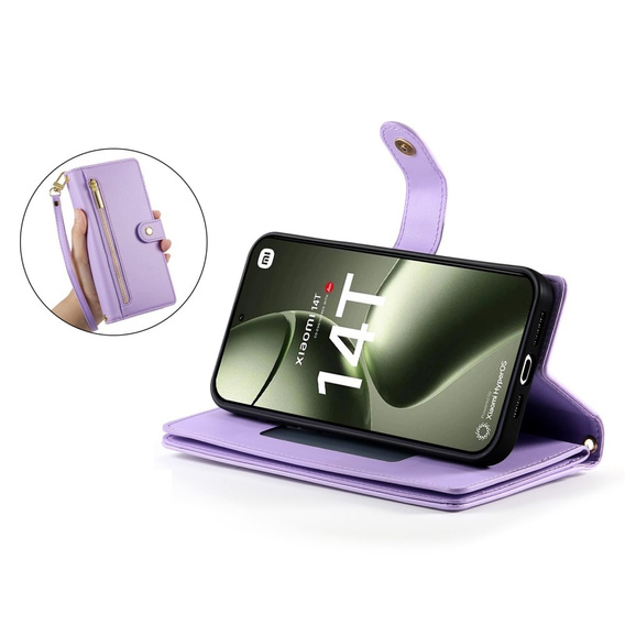 Etui z klapką do Xiaomi 14T, Wallet Zipper Pocket, fioletowe
