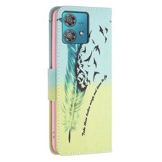 Etui z klapką do Motorola Edge 40 Neo, Wallet, Feather niebieskie / żółte