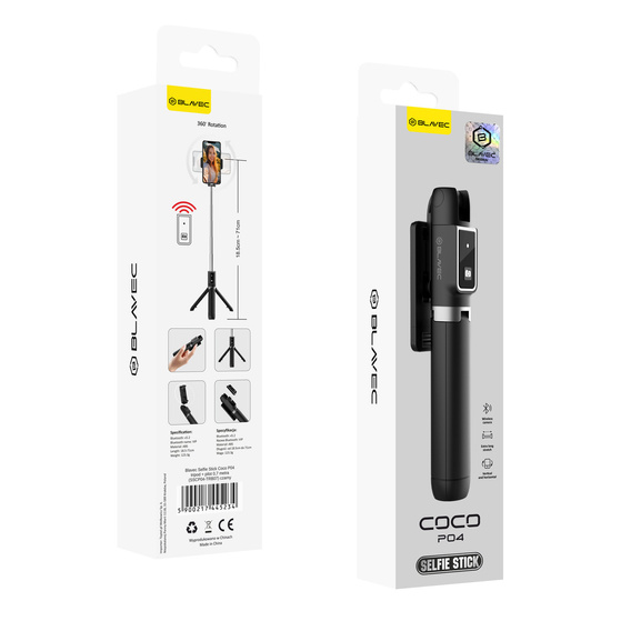 Selfie Stick Coco P-04 z funkcją statywu i pilotem Bluetooth, do smartfonów o szerokości od 6,5 cm do 9,5 cm