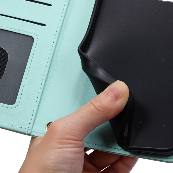 Etui z klapką do iPhone 16, Rhombus Crossbody Leather, zielone