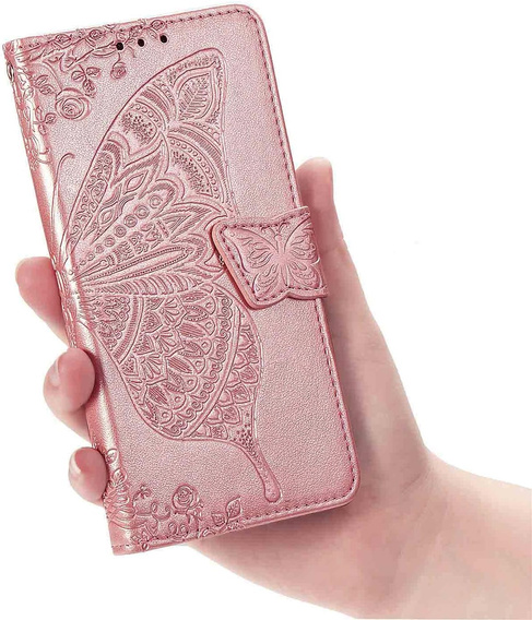 Etui z klapką do Oppo Reno 14, Motyl, portfelowe, różowe rose gold