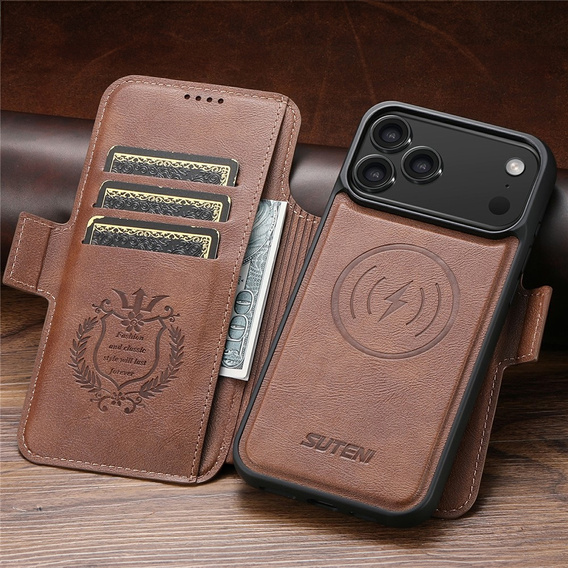 Etui z klapką 2w1 do iPhone 17 Pro Max, SUTENI, do MagSafe, brązowe