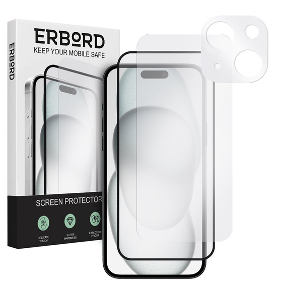 2x Szkło + szybka na aparat do iPhone 15 Plus, ERBORD Hartowane 9H/3D
