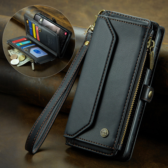 Etui z klapką do Samsung Galaxy A17 5G, portfelowe z zamkiem i paskami - czarne