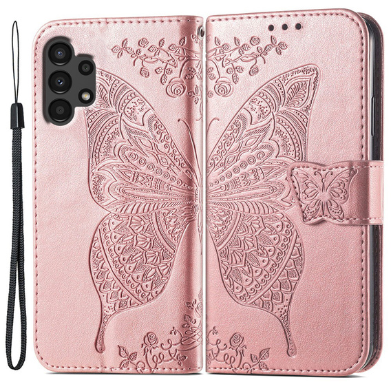 Zestaw Etui z klapką do Samsung Galaxy A13 4G, Motyl, Różowe rose gold + szkło
