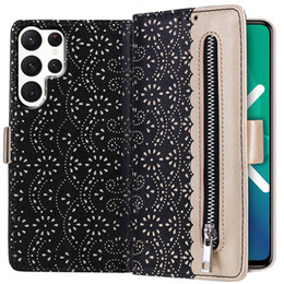 Etui z klapką do Samsung Galaxy S22 Ultra 5G, Wallet Pocket Zipper Lace, czarne
