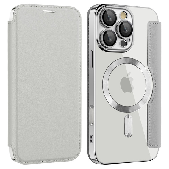 Etui z klapką do iPhone 16 Pro Max, RFID Wallet MagSafe z ochroną aparatu, srebrne