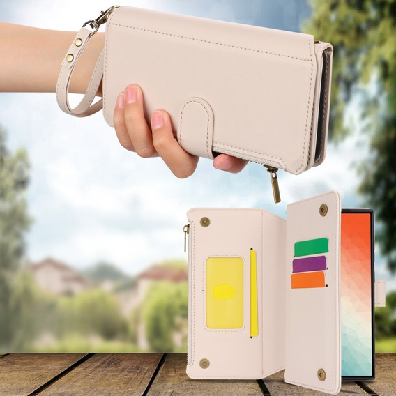 Etui z klapką do Samsung Galaxy S24 Ultra, Wallet Zipper Pocket RFID, z paskiem na ramię, białe