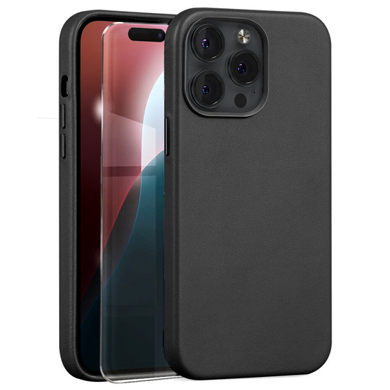 Etui skórzane do iPhone 16 Pro Max, ERBORD Leather MagSafe, czarne + Szkło na ekran