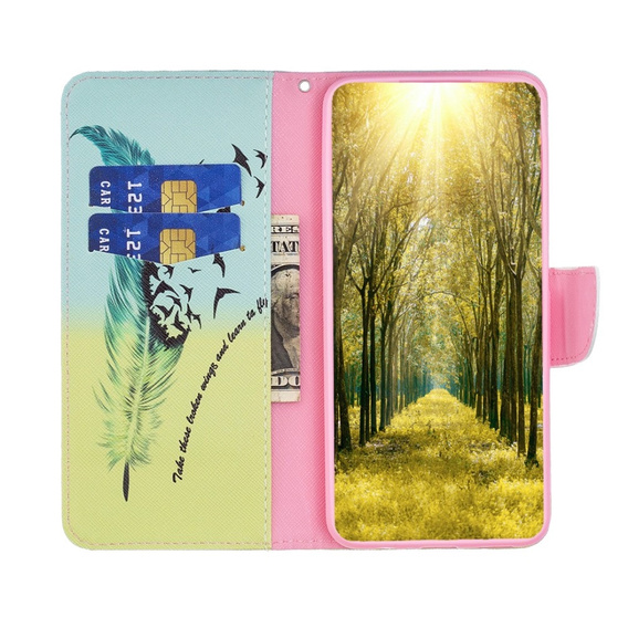 Etui z klapką do Realme C55, Wallet, Feather niebieskie / żółte