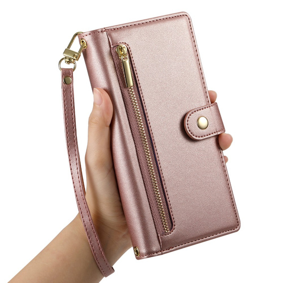 Etui z klapką do iPhone 16 Pro, Wallet Zipper Pocket, różowe