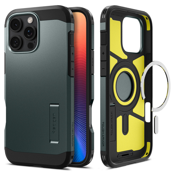 Etui Spigen do iPhone 16 Pro, Tough Armor Mag MagSafe, zielone + Szkło Hartowane 9H