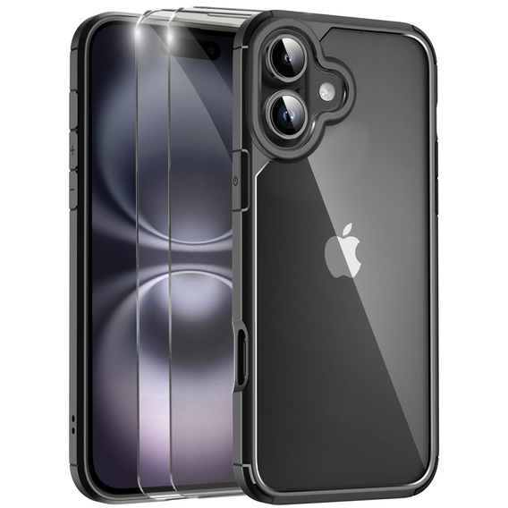 Etui do iPhone 16, ERBORD Hybrid, przezroczyste / czarne + 2x Szkło na ekran + 2x Szkło na aparat