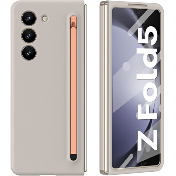 Etui do Samsung Galaxy Z Fold 5 5G, ze szkłem i rysikiem, szare / różowe