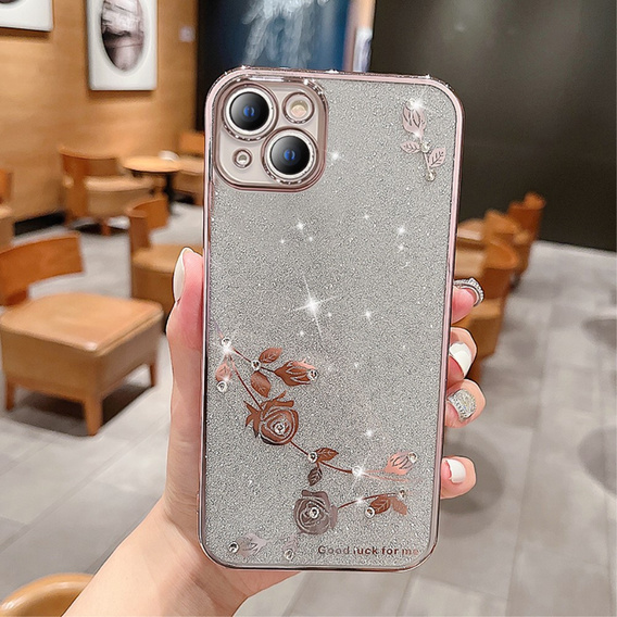 Etui do iPhone 14 Plus, Glitter Flower, różowe rose gold