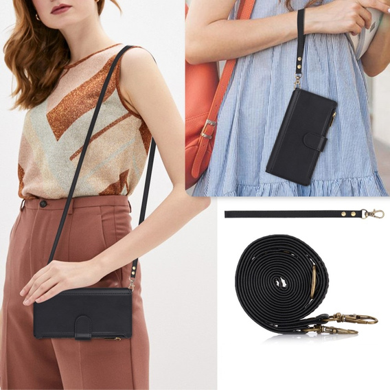 Etui z klapką do Samsung Galaxy S24, Wallet Zipper Pocket RFID, z paskiem na ramię, czarne