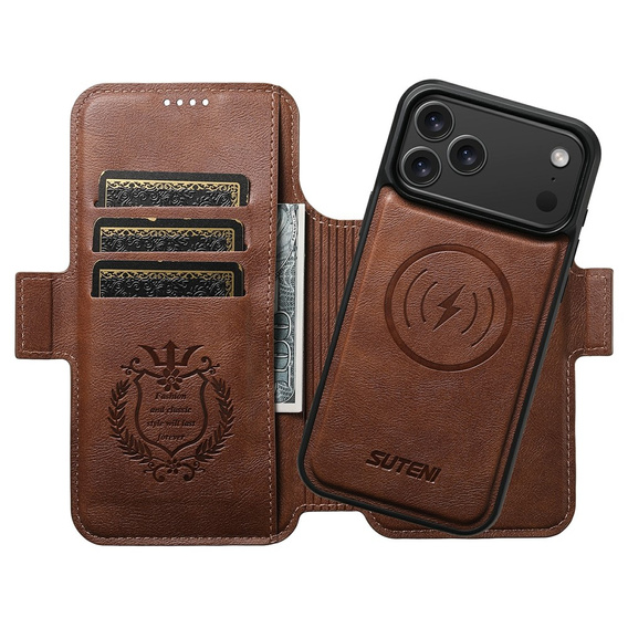 Etui z klapką 2w1 do iPhone 17 Pro Max, SUTENI, do MagSafe, brązowe