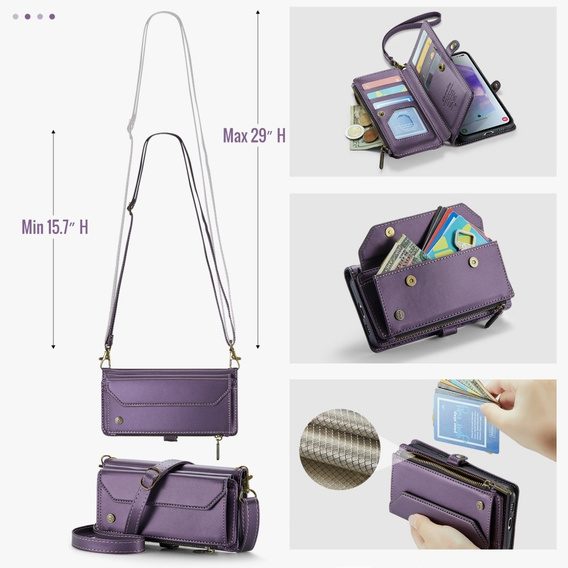 Etui CASEME do Samsung Galaxy A55 5G, RFID Leather Wallet, z paskiem na ramię, fioletowe