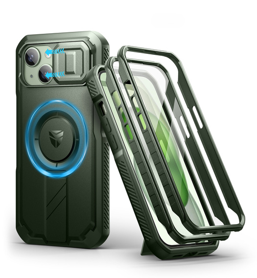 Etui pancerne do iPhone 15, Dexnor CamProtect MagSafe, zielone (Dwie ramki)